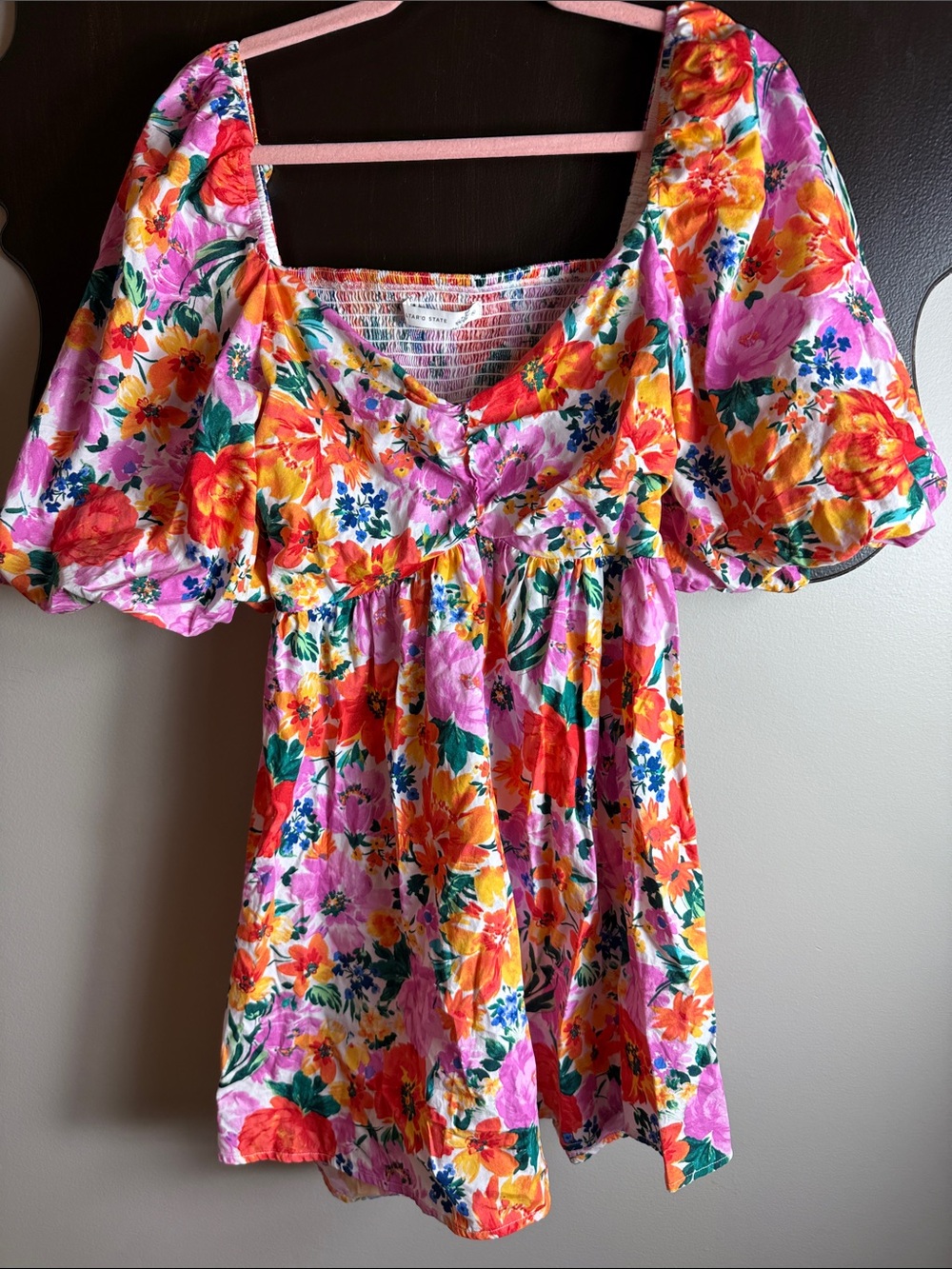 Altar’d State Women’s Floral Puff-Sleeve Mini Dress in Pink & Orange XL